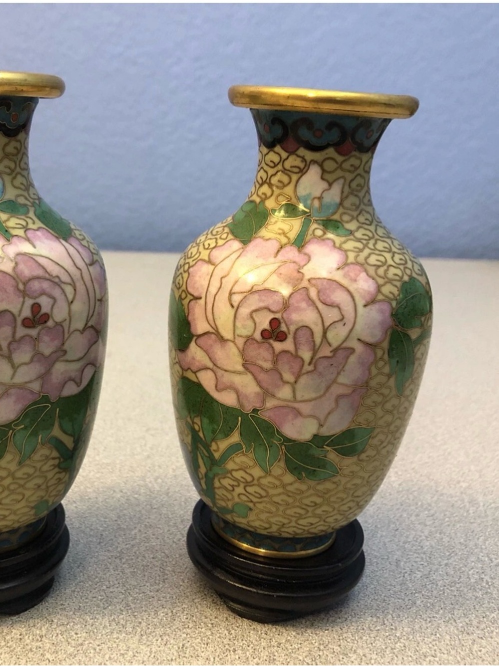 Vintage Cloisonne Enamel and Bronze Beige 5" Vase with Wooden Stand 2 PC Set